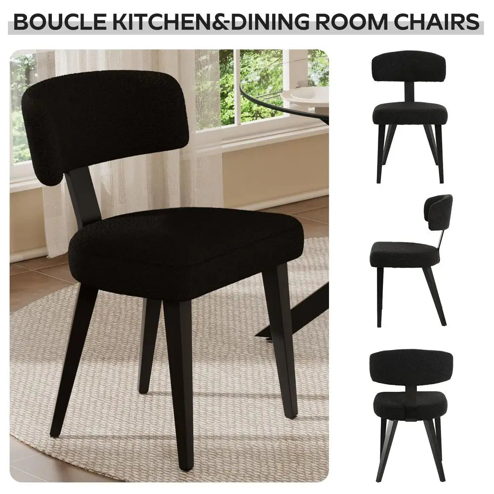 Dining Table Set for 2, 36 Round Kitchen Table with 2 Teddy Boucle Dining Chairs, Tempered Glass Top with Metal LegsAll Black
