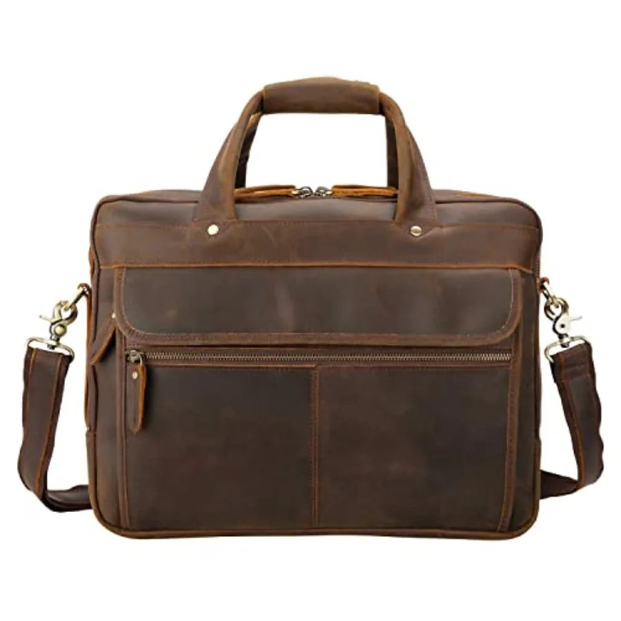 Modern Attache Style 15.7 Full Grain Italian Leather Laptop Briefcase for Men in Brown with Premium Craftsmanship and Spacious