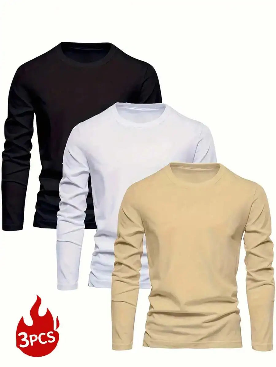 3-Pack Men's Solid Color Round Neck Slim Fit Long Sleeve T-Shirts for Casual Daily Wear