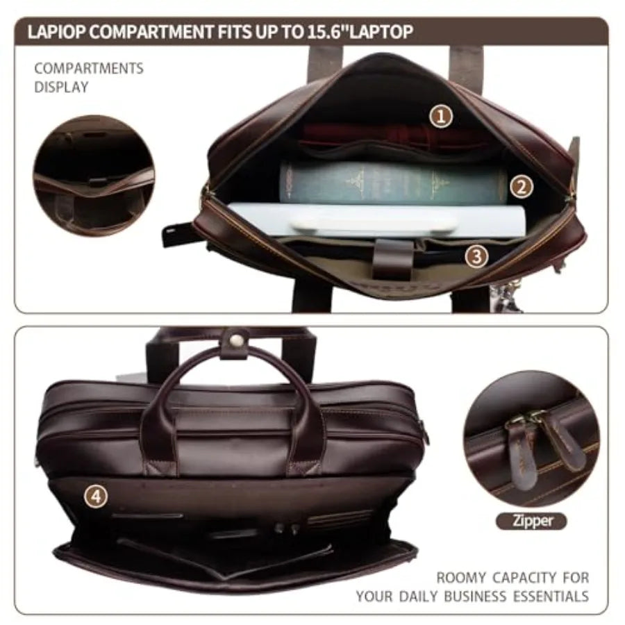 Full Grain Leather Briefcase for Men Business Messenger Bag Laptop Case Fits 15.6 Inch Laptop Brown Premium Quality with Multip