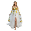 Off Shoulder Sunflower Embroidered Wedding Dresses for Women A-Line Chiffon Cape Sleeves Bohemian Bridal Gowns