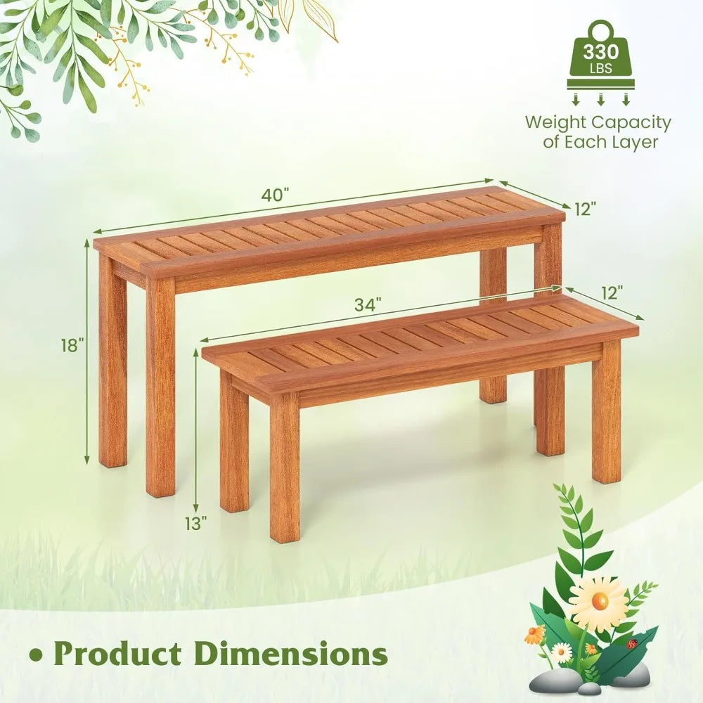 Wooden Plant Stand Set of 3, Outdoor Indoor Solid Wood Flower Pot Holder Display Shelf w/ Teak Oil Finish, Slatted Top, Rustic