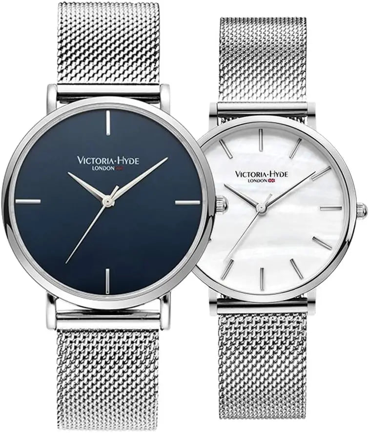 Couple Watches for Men Women, Genuine Leather and Stainless Steel Mesh Bands, Waterproof Quartz Wristwatch Set for Lovers