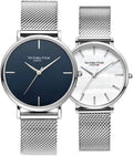 Couple Watches for Men and Women with Genuine Leather and Stainless Steel Bands, Waterproof Quartz Wristwatch Set for Lovers