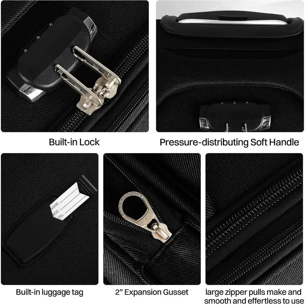 Expandable Large Luggage Set with Front Open Pocket, Lightweight & Durable, Double Spinner Wheels, Lockable (Black, 20in/24in/28