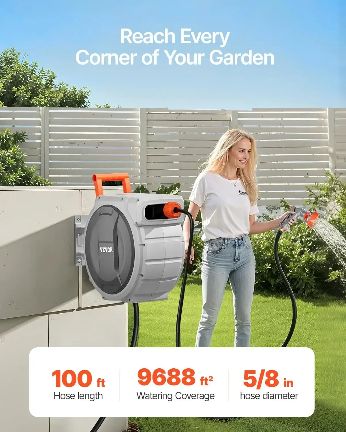Retractable Garden Hose Reel, 5/8 Inch x 100 ft Wall Mounted Hose Reel, Heavy Duty Garden Hose Reel with 9 Patterns Nozzle