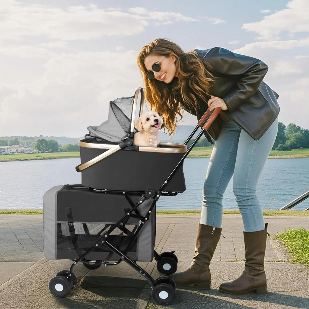 Foldable Double Pet Stroller for Dogs & Cats with Detachable Carriers, Safety Belts, 4 Lockable Wheels - Ideal Multi-Pet Home