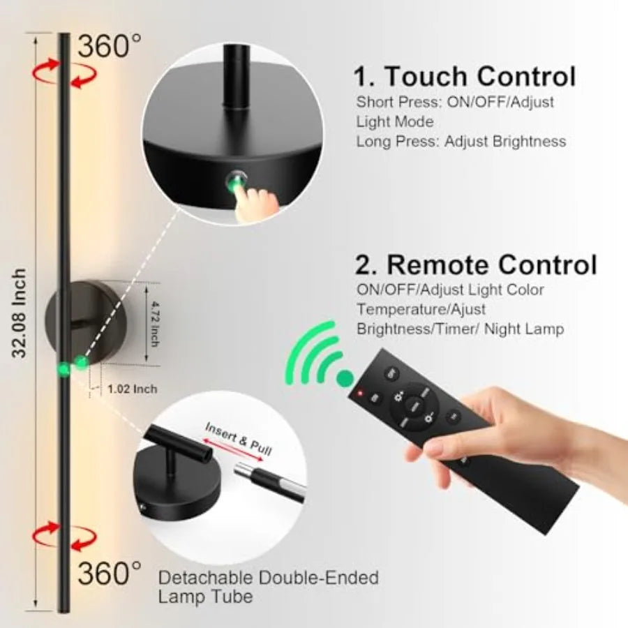 Battery Operated Wall Sconces Set of Two Rechargeable Wall Lights with Remote Control Dimmable 3000K-6000K LED Wall Lamp 360°Ro