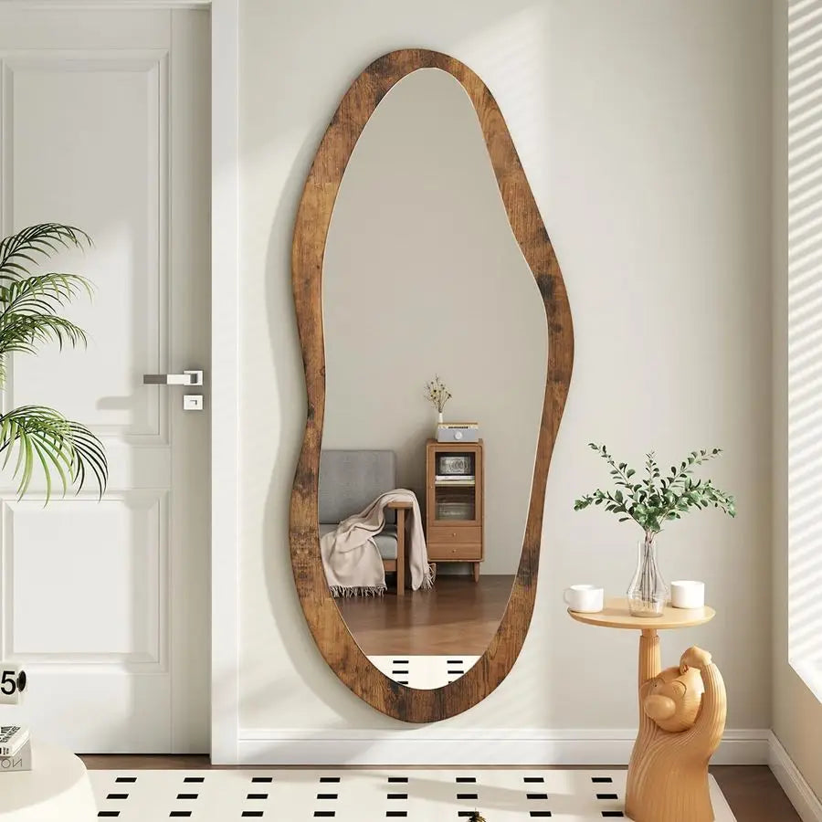 Large Mirrors with Wood Framed 47x20 Vintage Irregular Wall Mirror Full Length Asymmetrical for Bathroom Bedroom Living Room Ent