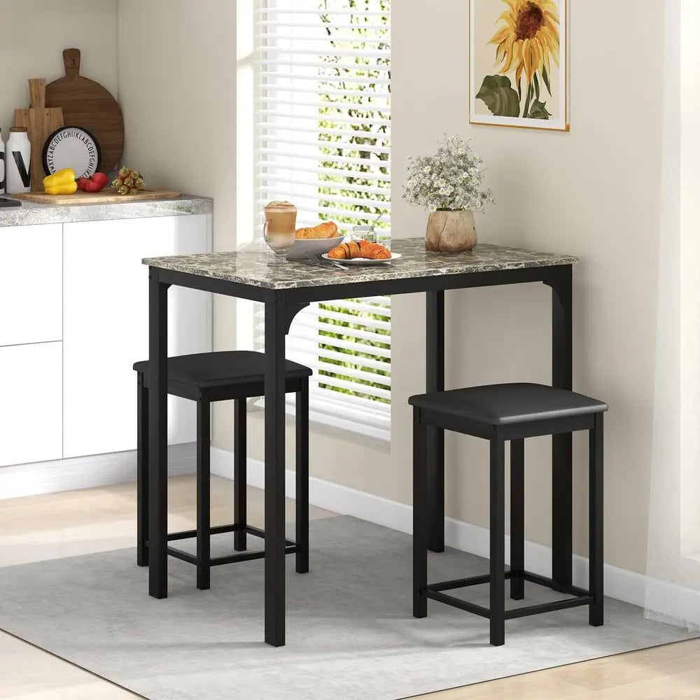 3Piece Dining Table Set for 2, Kitchen Counter Height Table and Chairs Set with Faux Marble Tabletop, Padded Stools, Modern Bar