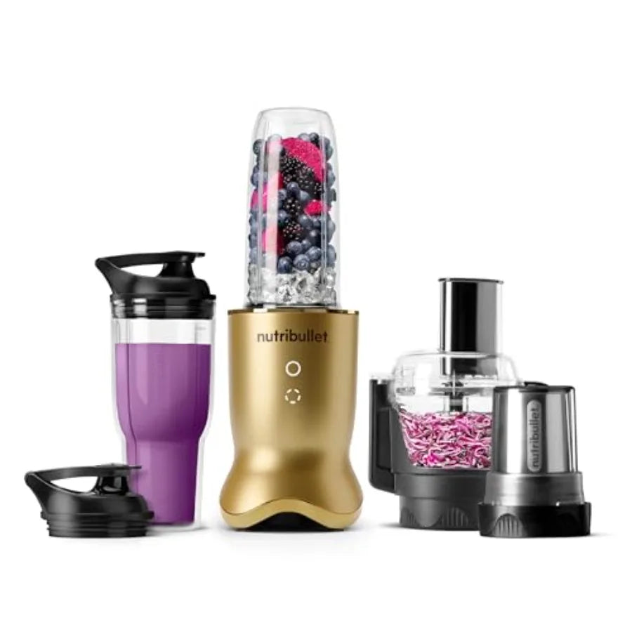 3-1 Compact Kitchen System 1200W with Blender Food Processor Coffee and Spice Grinder Brass 32oz 24oz Blending Cups 2-Cup Food