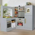 Corner Play Kitchen for Kids, Wooden Pretend Toy Kitchen, Large Toodler Cooking Playset w/Refrigerator, Stove w/Light & Sound, D