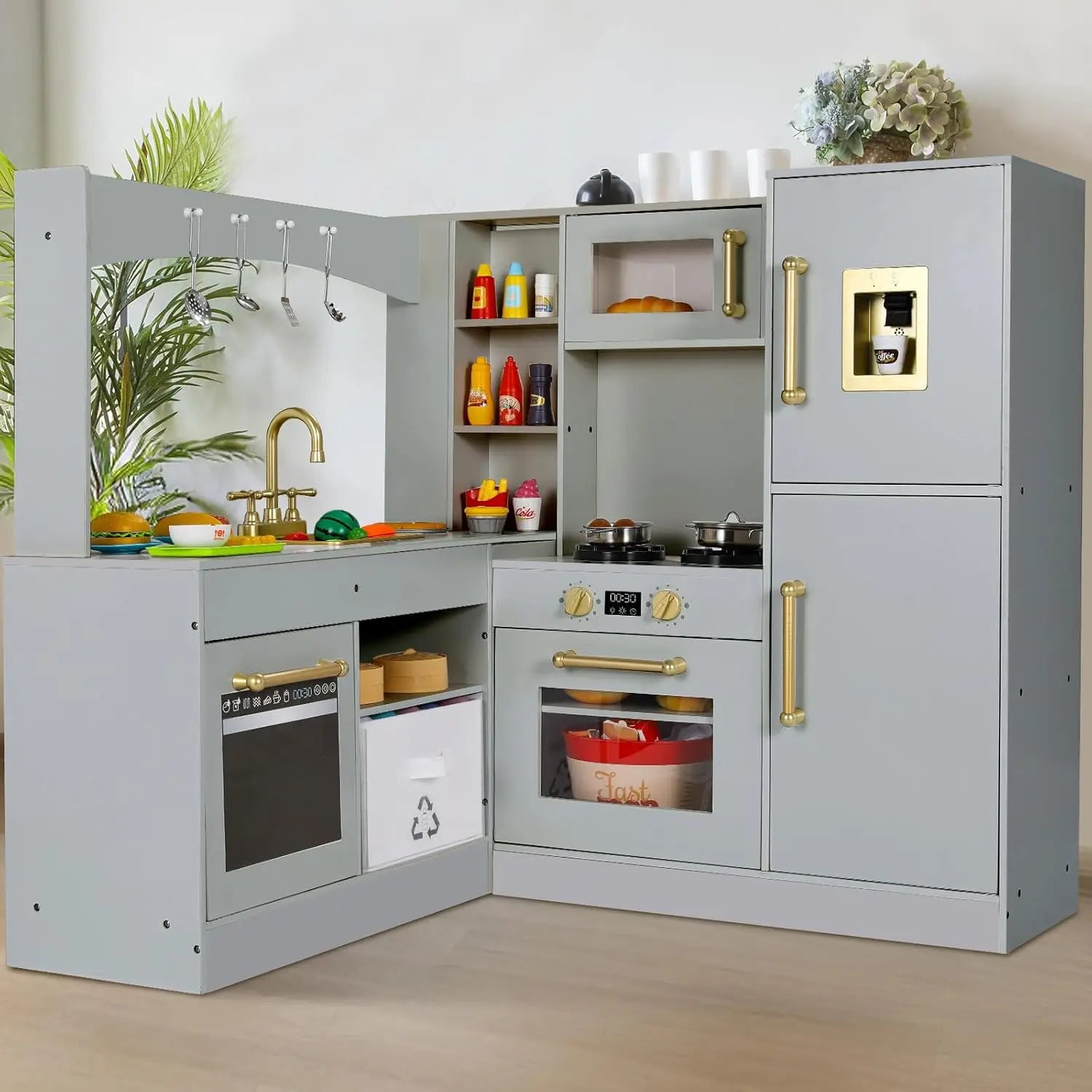 Corner Play Kitchen for Kids, Wooden Pretend Toy Kitchen, Large Toodler Cooking Playset w/Refrigerator, Stove w/Light & Sound, D