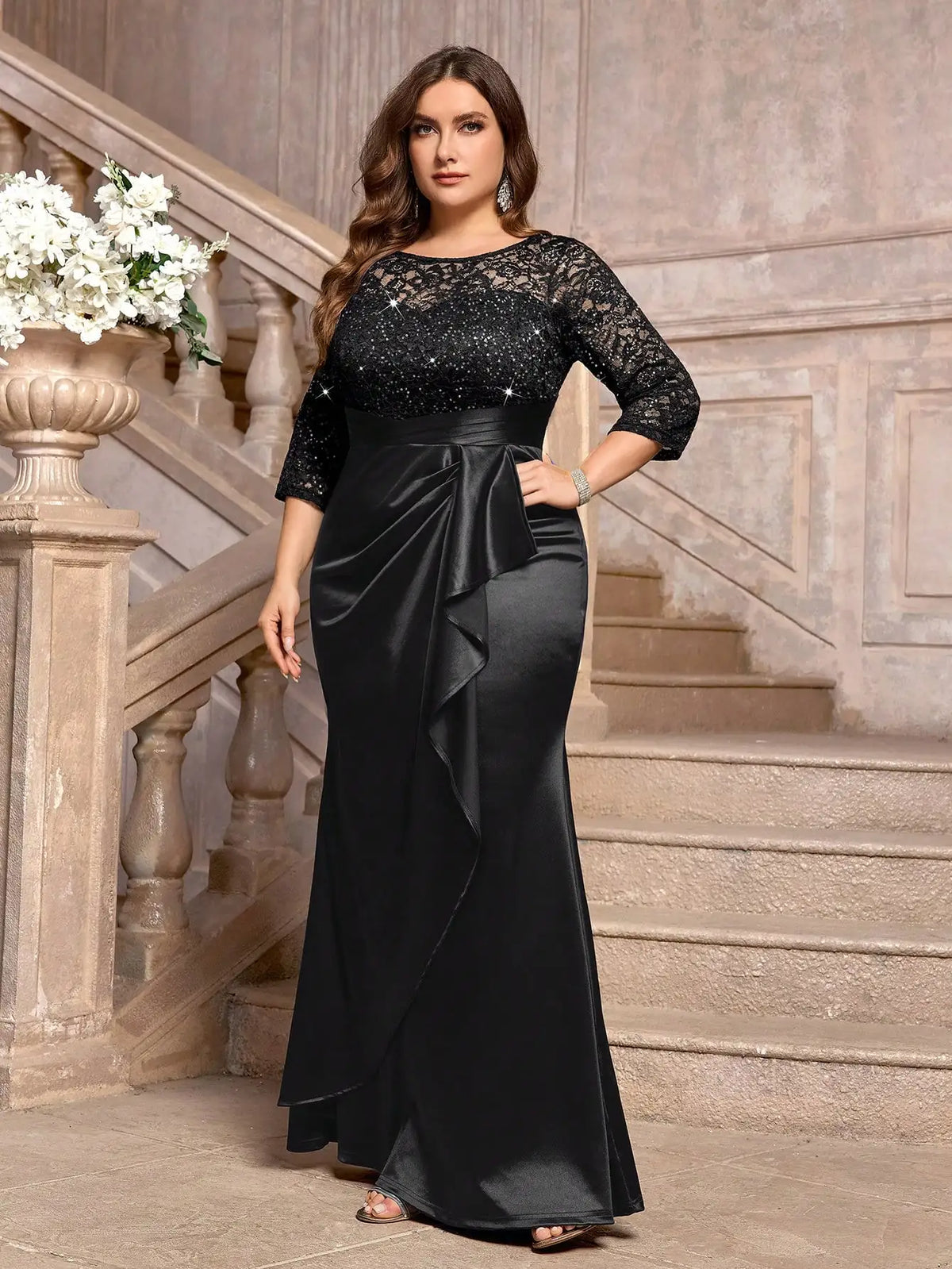 Sequin Floral Lace Ruffle Satin Maxi Dress For Evening Wedding Guest Gala
