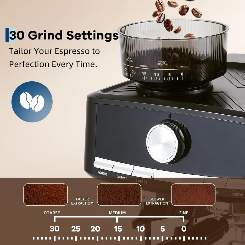 20 Bar Espresso Machine With Grinder Milk Frother 1.5L Coffee Maker 30 Grind Settings Automatic Steam Wand Home Barista