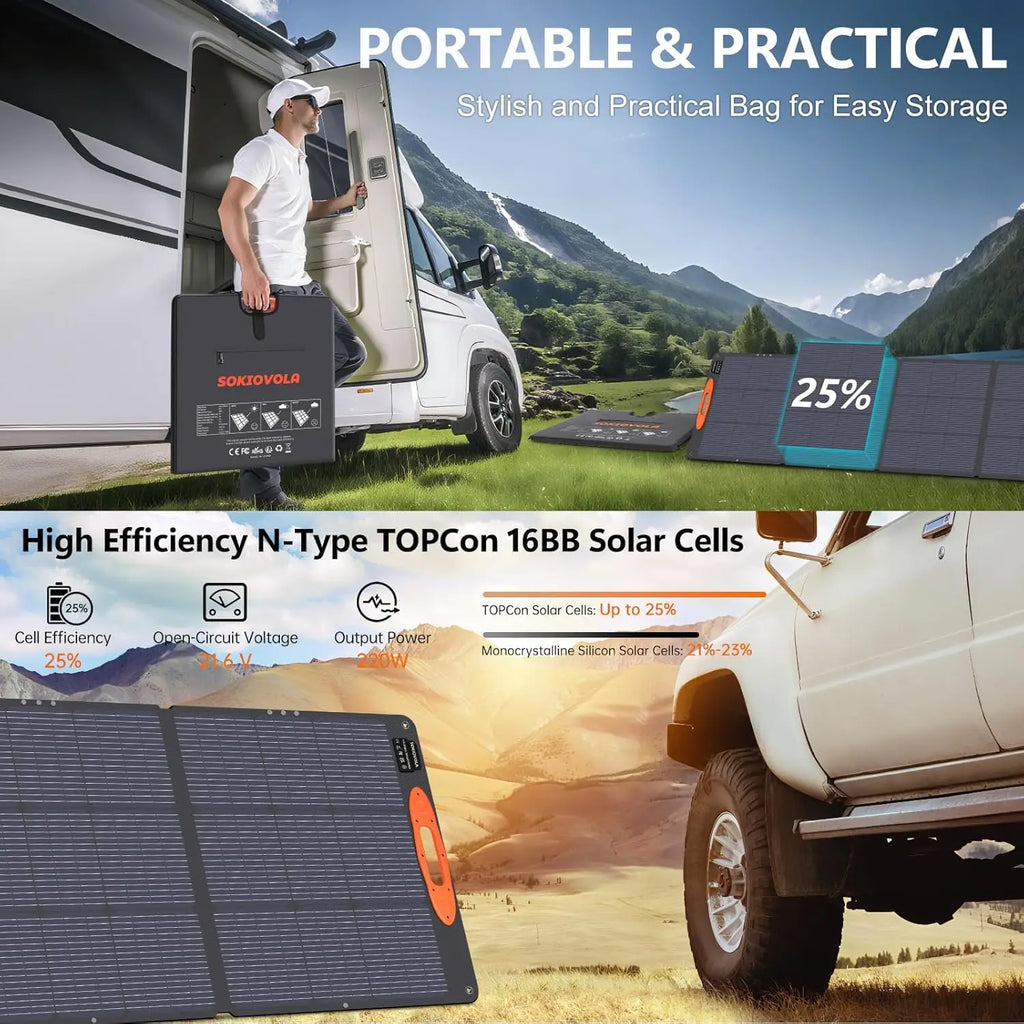 220W Portable Solar Panel, IP68 Waterproof Foldable for Power Stations, 25% High Efficiency Outdoor Camping RV Trip
