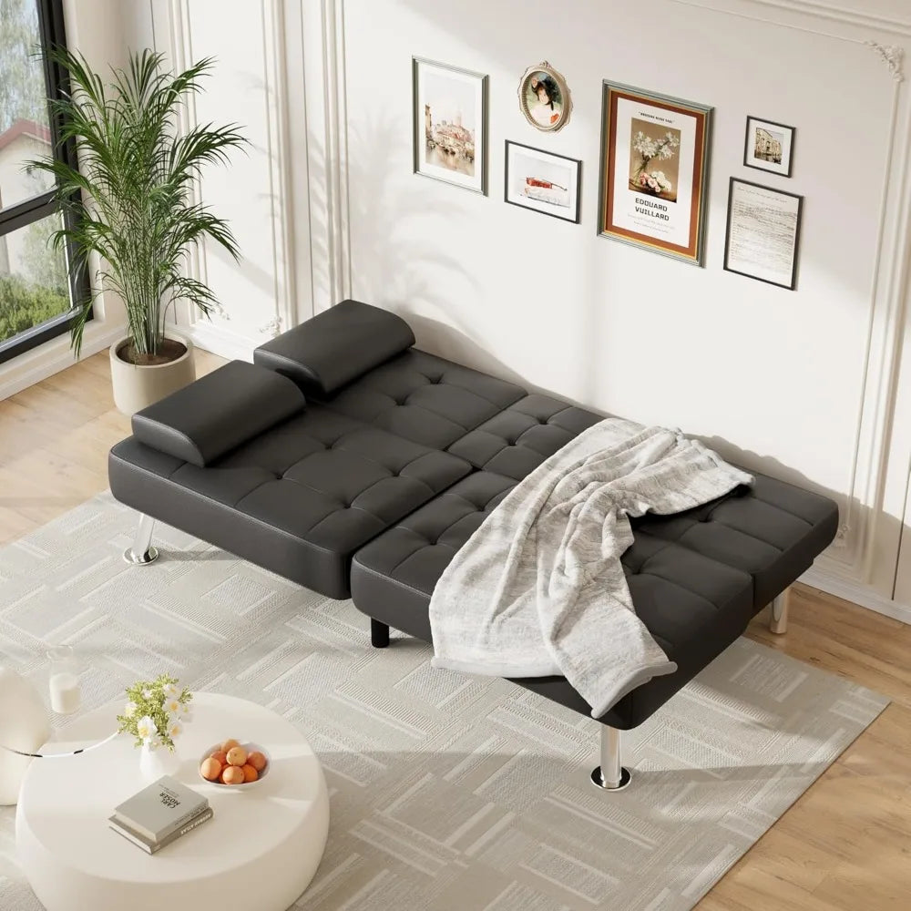 Adjustable Futon Couch Sleeper Sofa Bed with Cup Holders for Living Rooms and Offices, Ideal for Business Spaces and Comfortable