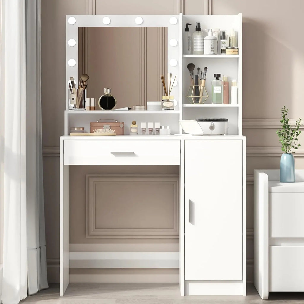 White Vanity Desk With Mirror Light Large Drawer Three Tier Storage Dresser Three Adjustable Lighting Modes Brightness Bedroom D