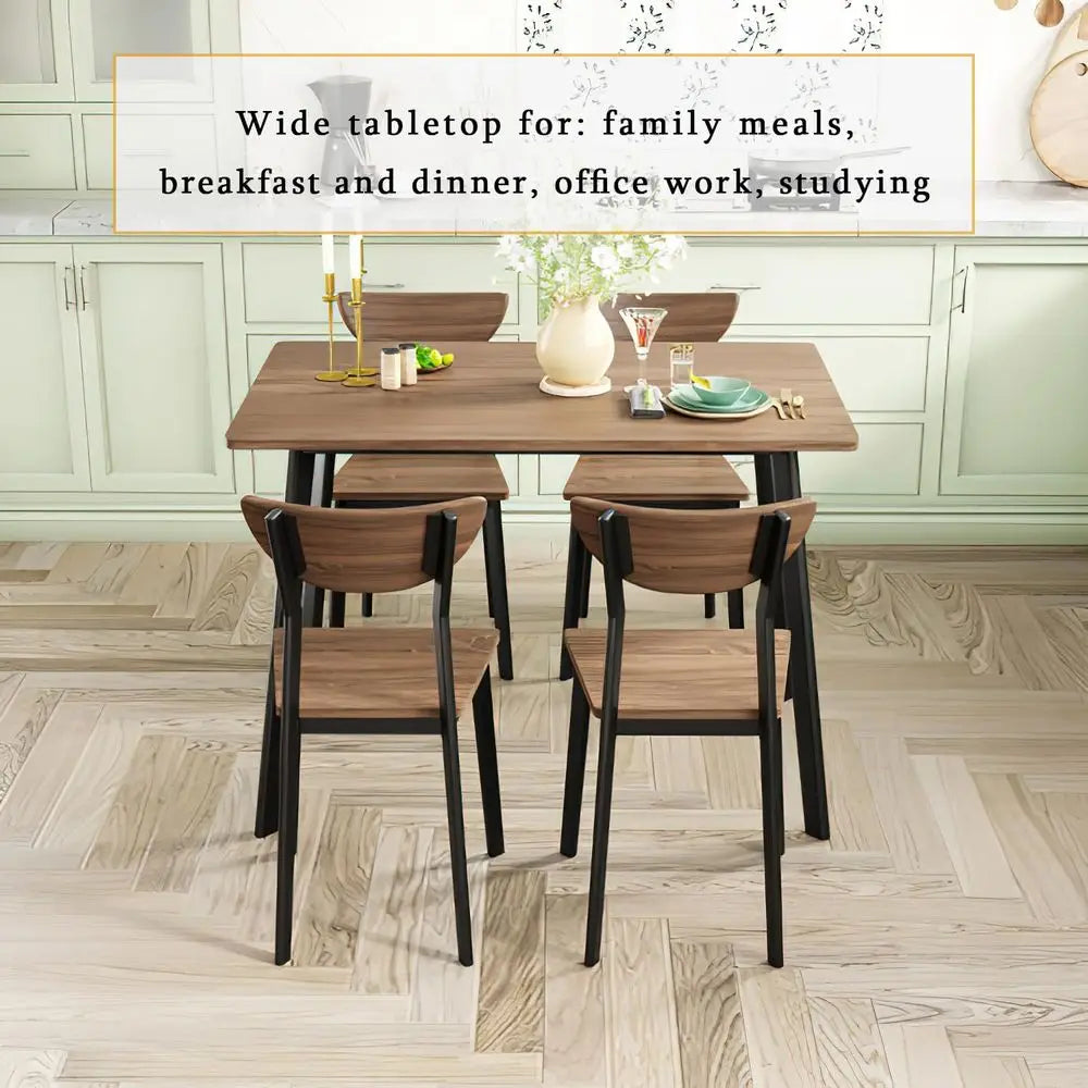 Dining Table Set for 4, Modern Rectangular 5 Piece Dining Room Table and Chairs Set, Brown Wooden Metal Table Set for Family Din