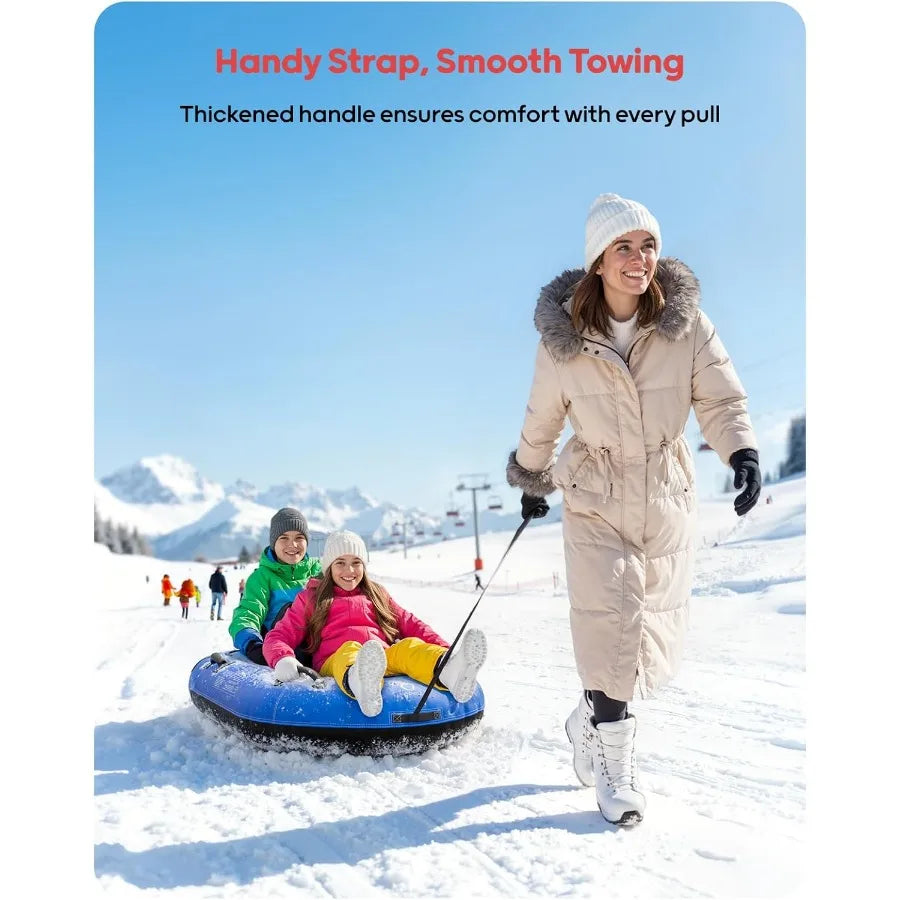 2-Person Inflatable Snow Tube with Dual Backrests & Tow Rope, Heavy Duty Canvas-Covered Blow Up Snow Sled with Handles, Fast Inf