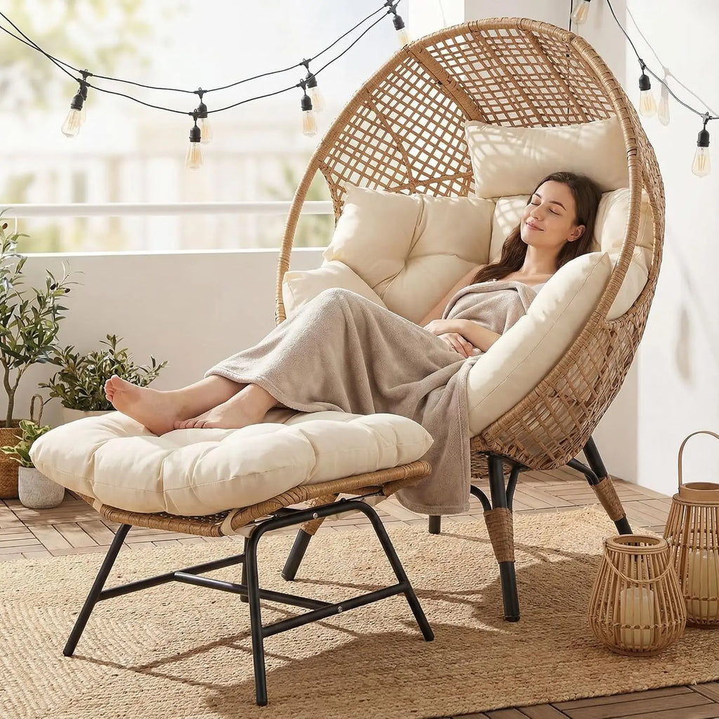 Wicker Egg Chair with Ottoman, Indoor Outdoor Egg Basket Lounge Chair w/Cushion, Oversized Egg Seat with Legs