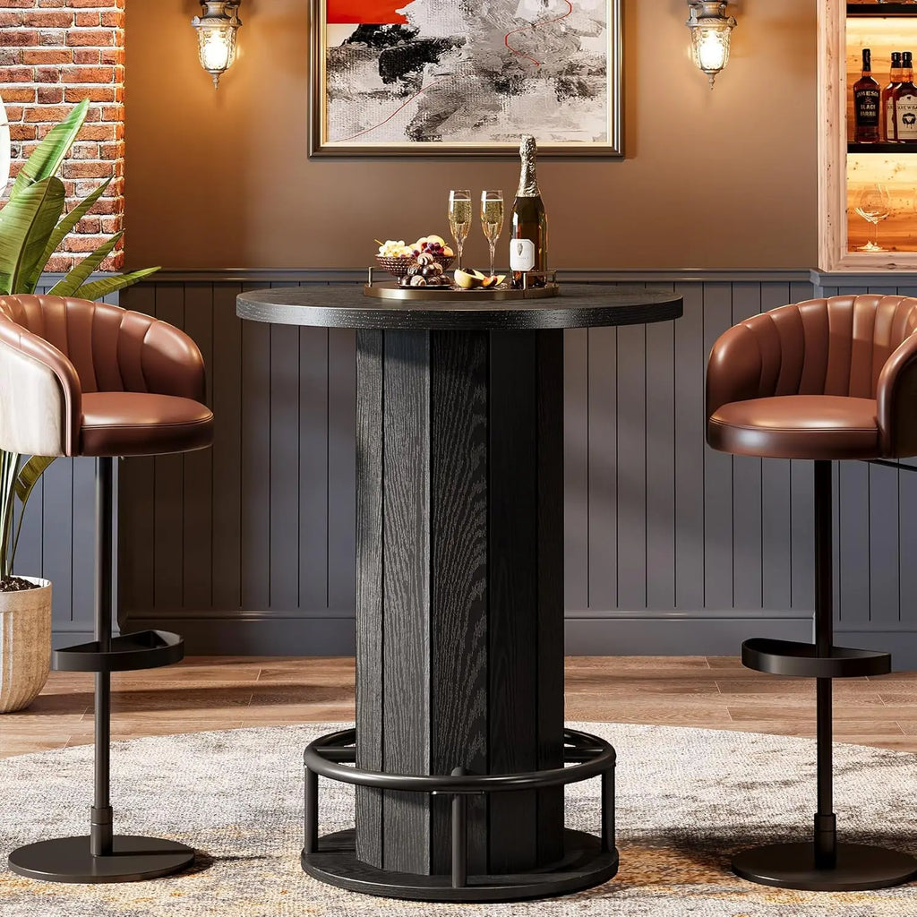 Round Bar Table, 39.4" H Wood Bistro Pub Table with Metal Ring Footrest for Dining Coffee Cocktail Living Room,, Customized