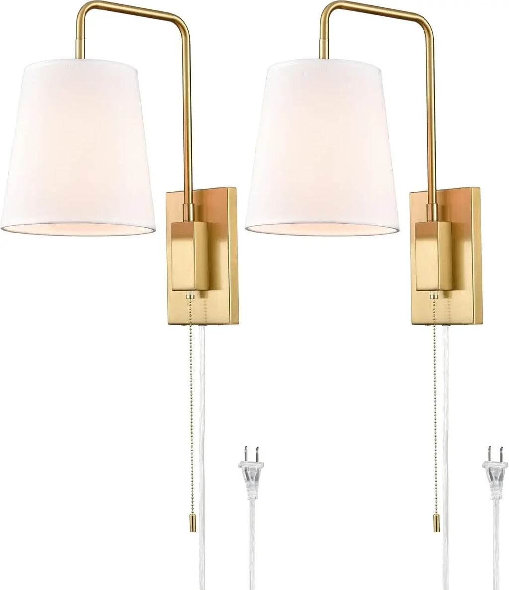Wall Sconces Set of Two, Gold Fabric Shade Wall Sconce Bedroom Plug-in Wall Lamp Set of 2