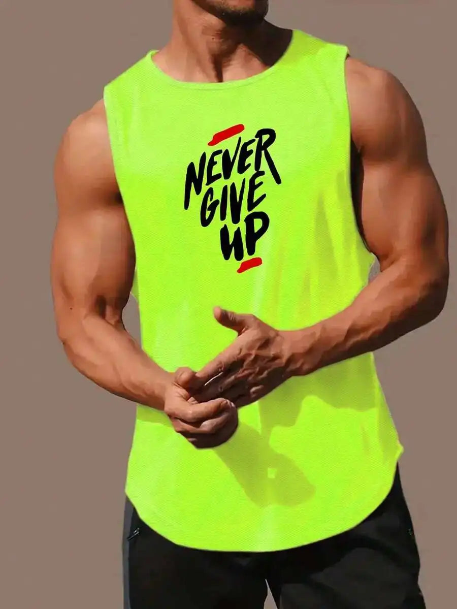 Men's Orange Motivational Slogan Print Round Neck Casual Tank Top