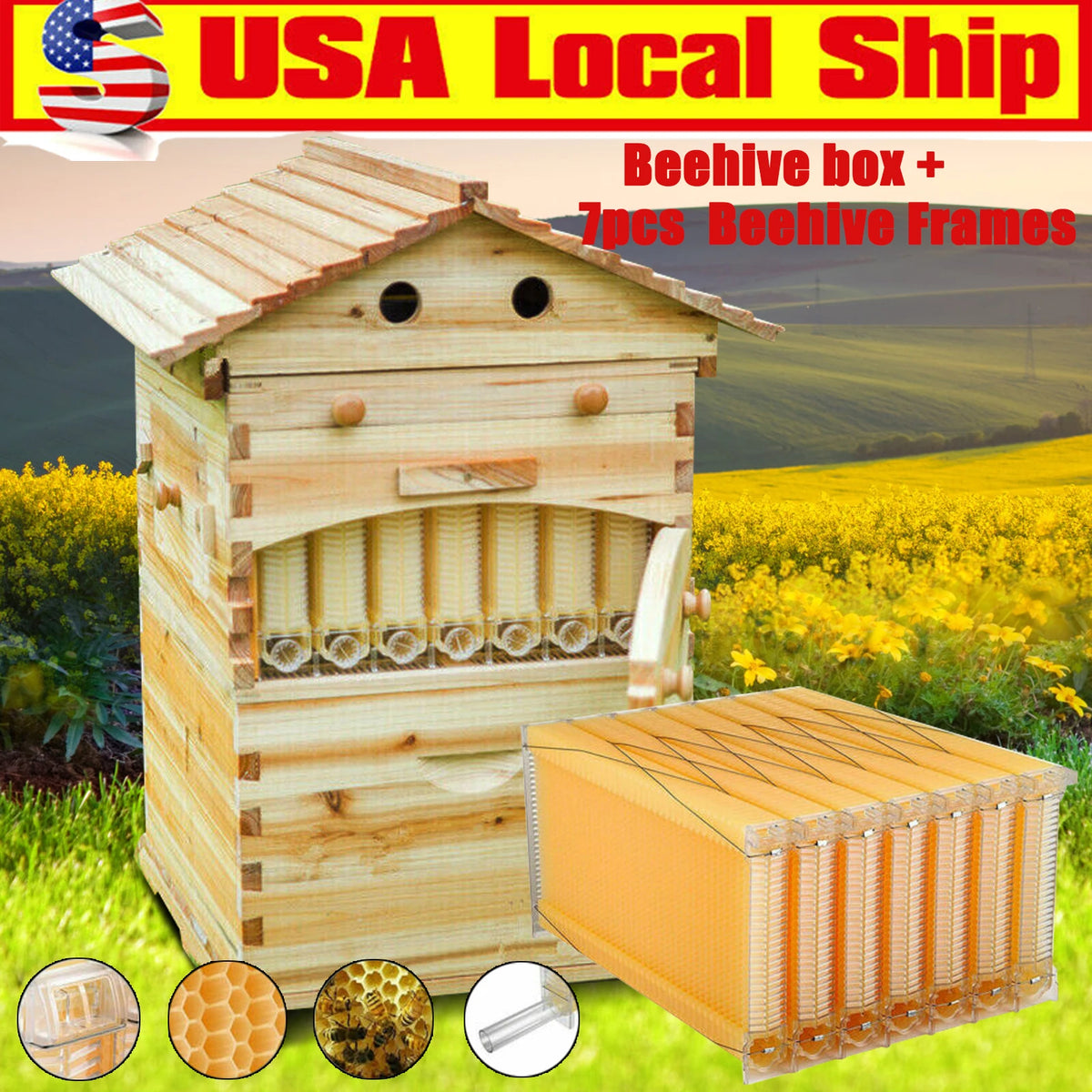 7PCS Auto Shed Honey Hive Beehive Frames + Unique Beehive House Fir Wooden Boxes