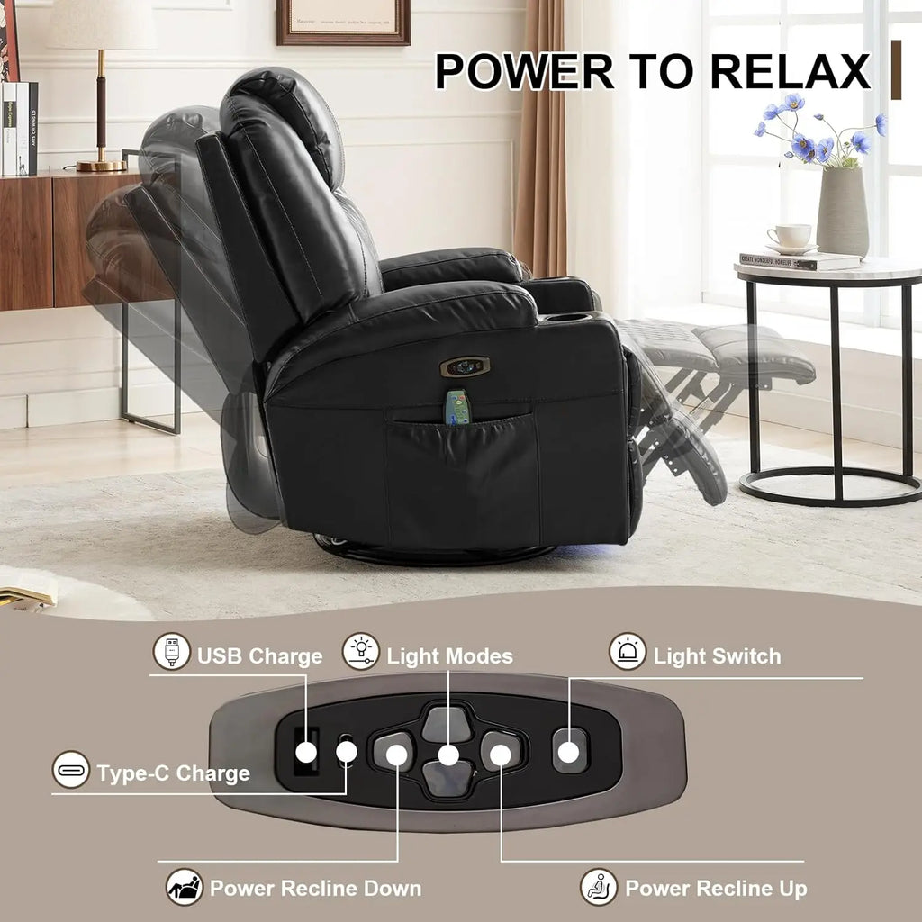 Power Swivel Rocker Recliner Chair with Heat and Massage, LED Lights, USB-A and USB-C Ports, Electric Glider, Customized