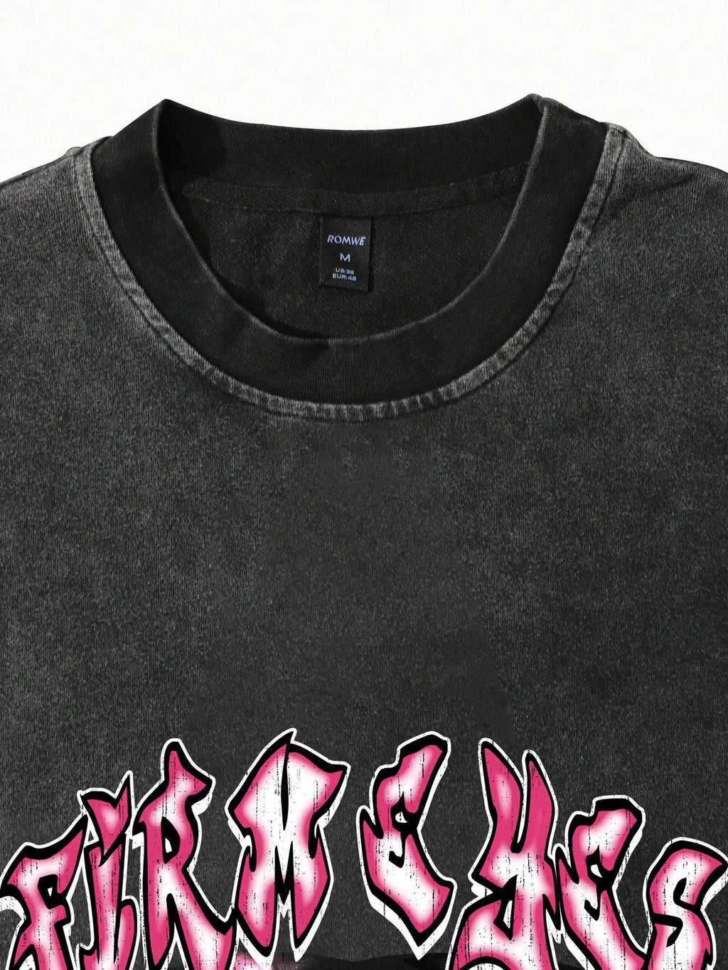 Distressed Black Long Sleeve Tee with Graphic Eye & Pink Flame Print, Gothic Y2K Style