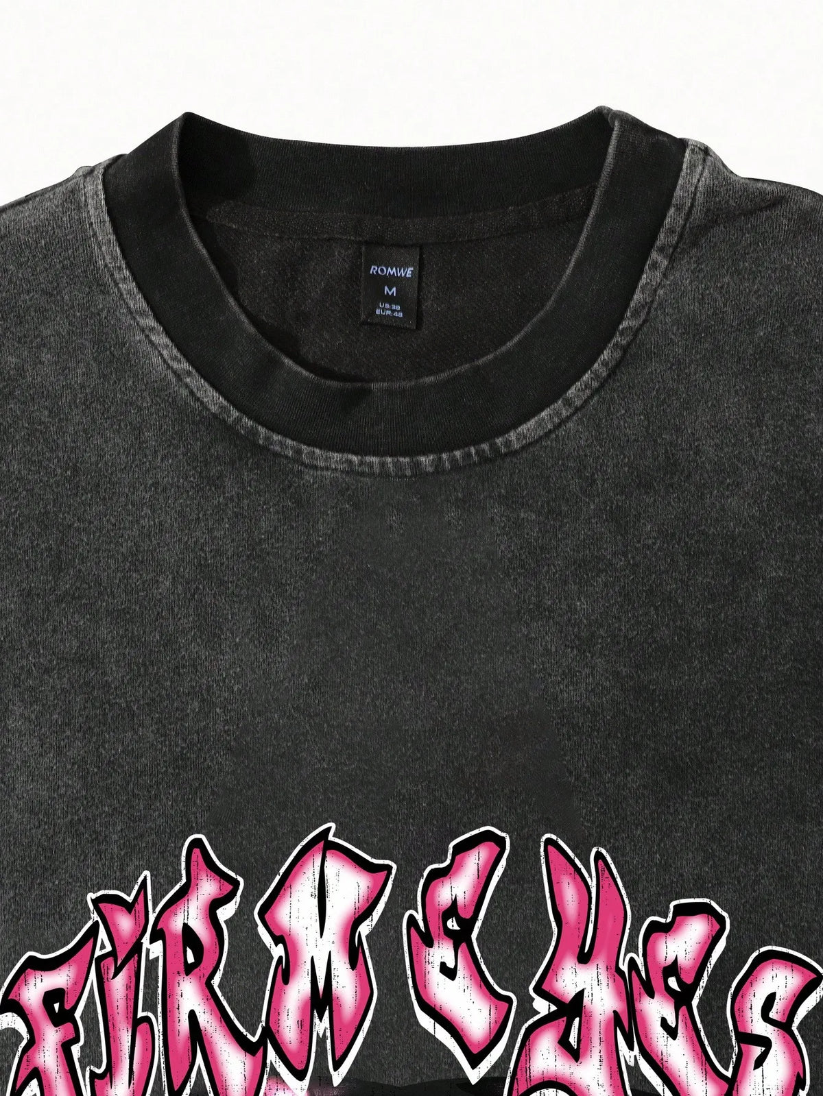 Distressed Black Long Sleeve Tee with Graphic Eye & Pink Flame Print, Gothic Y2K Style