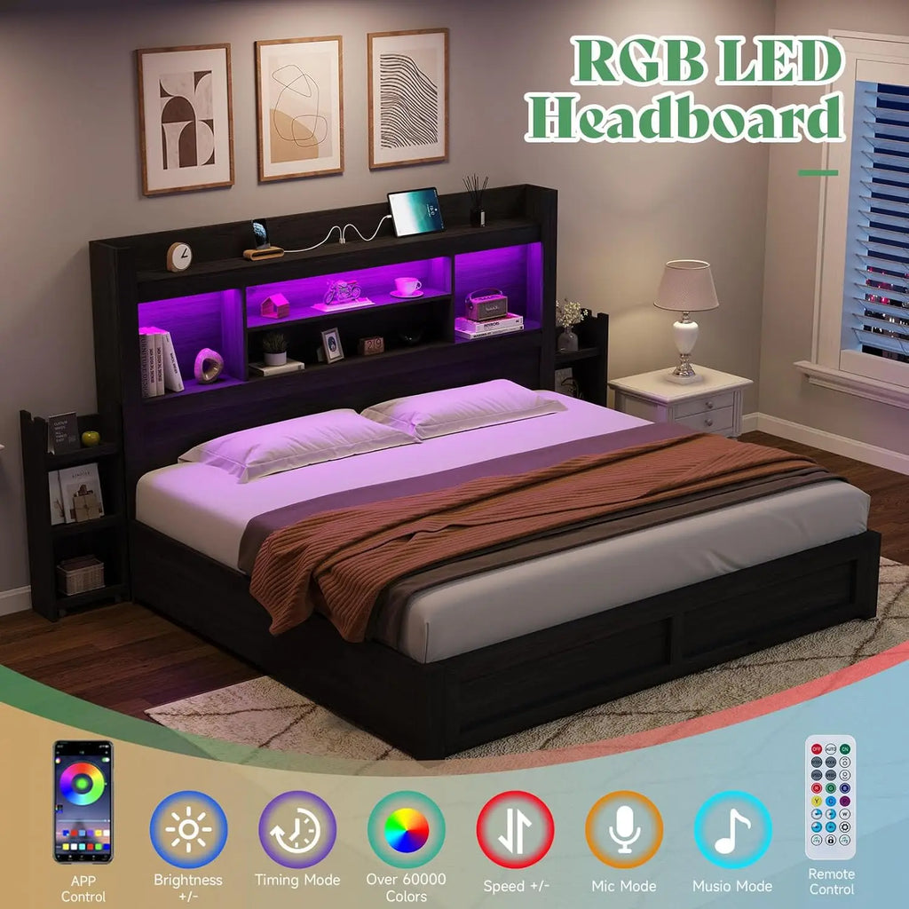 King Size Bed Frame with 4 Storage Drawers, LED Bed Frame with 49.6" Tall Bookcase Headboard, Wood Platform Bed with Charging St