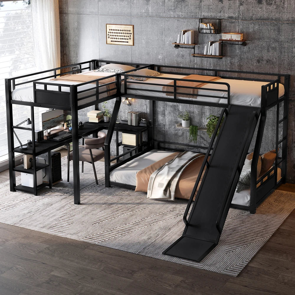 L-Shaped Metal Bunk Bed (Top bed: twin, bottom bed: full ) with Single Loft Bed, Desk, Metal Triple Bunk Bed with Slide,Black