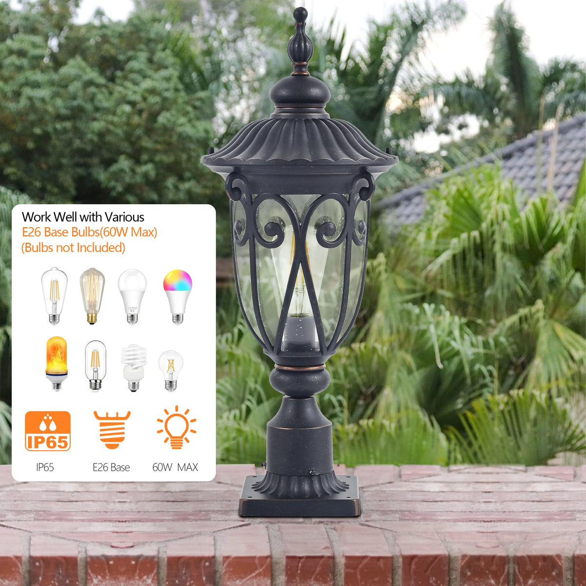 Vintage Black Outdoor Post Lantern - Waterproof Aluminum Lamp Post Light with Bubble Glass, Decorative Garden Lighting(No Bulb)
