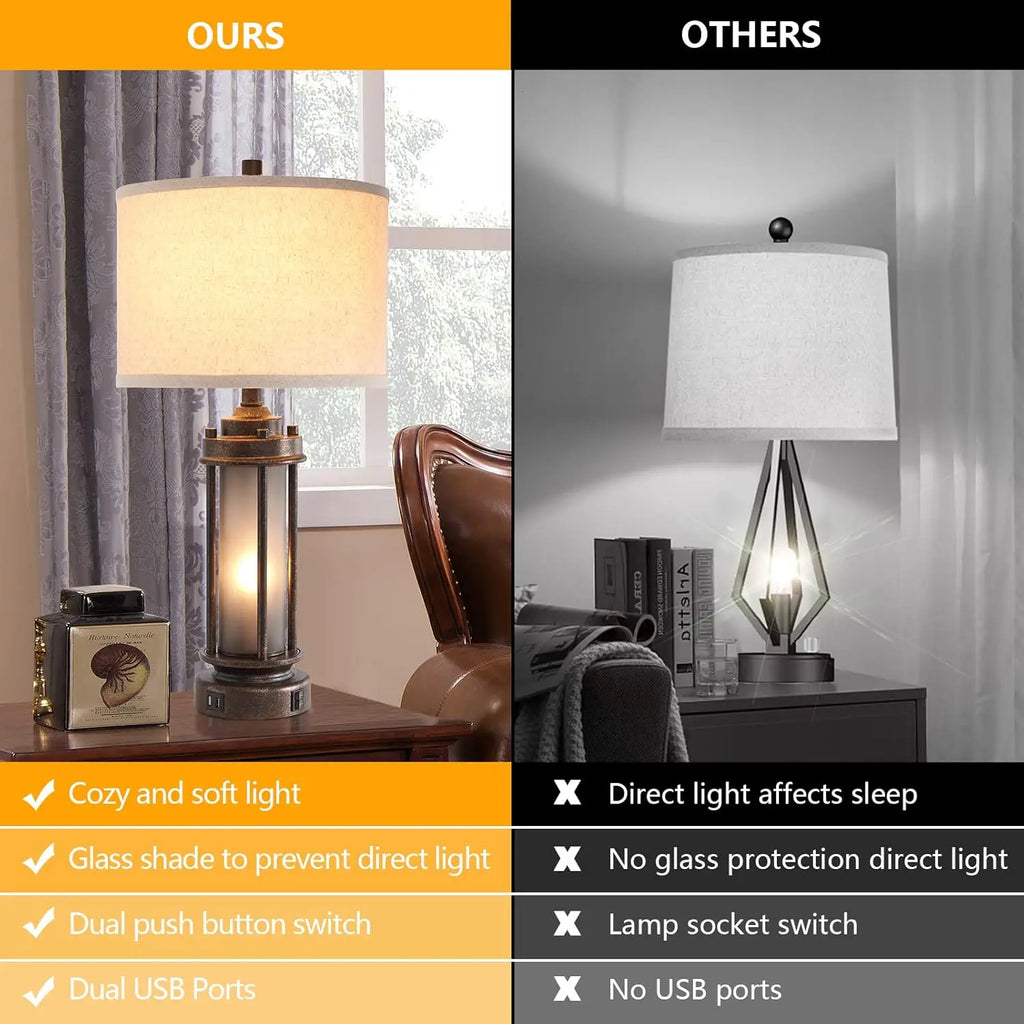 Rustic Farmhouse Table Lamp Set with USB Ports, Night Light, and 4 Bulbs Included