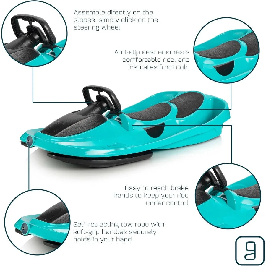 Snow Sled for Adults - Toboggan Sled with Steering Wheel Anti-Slip Seat Pull Up Brake Durable Plastic Material Lightweight Desi