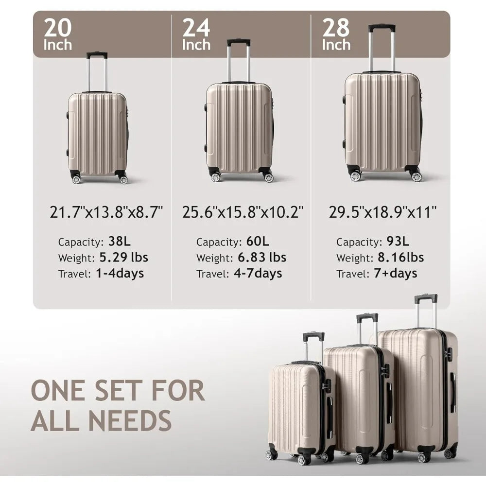 Luggage Set of 3 Hardside Carry on Suitcase Sets with Spinner Wheels & TSA lock, Portable Lightweight ABS Luggages