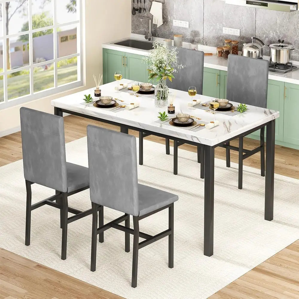5-Piece Dining Table Set or 4 with aux Marble Top & Velvet Chairs, Space Saving ern Kitchen Table Set or Small Spaces, Aparents