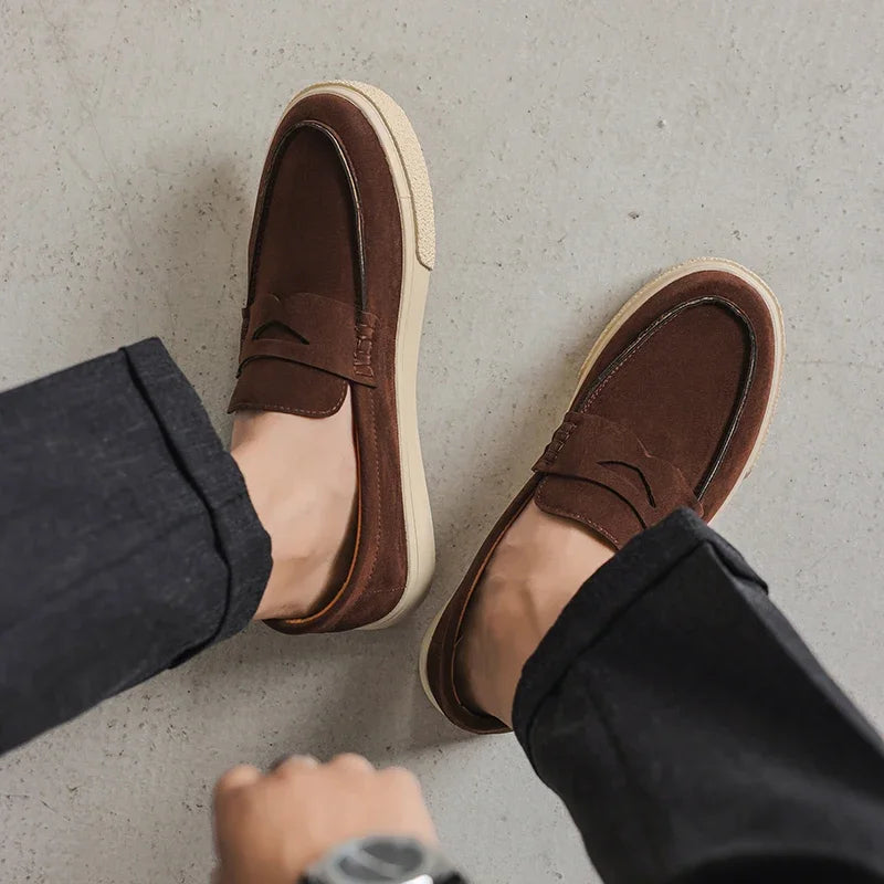 Men's Genuine Suede Moccasins: Black Round Toe, Decorative Flap, Stitching Accents, Brown Lining & Plush Comfort Fit