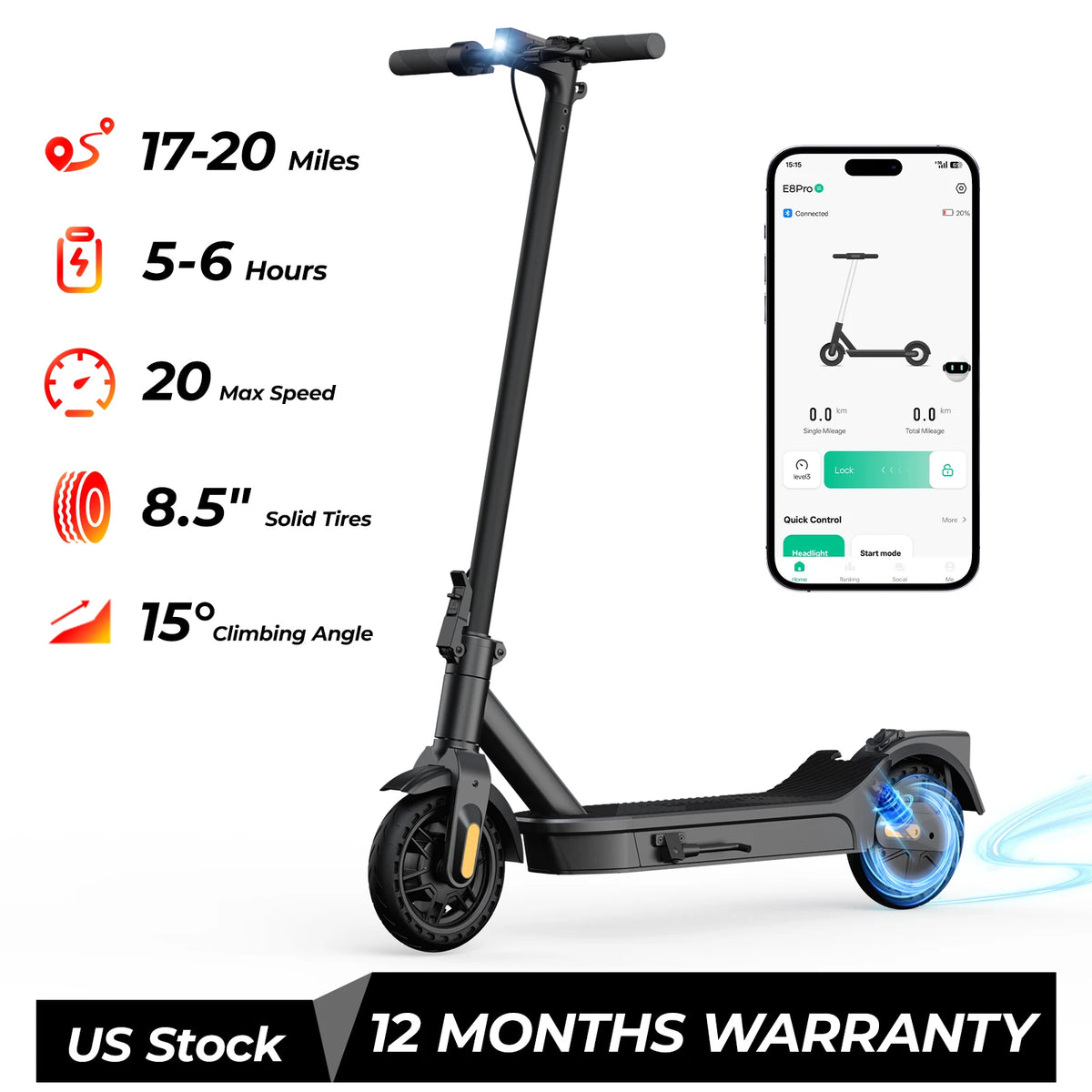 500W Electric Scooter 8.5 Inch 20 Mile Max Range Foldable E-scooter with Double Suspension APP Control Adult Electric Scooter