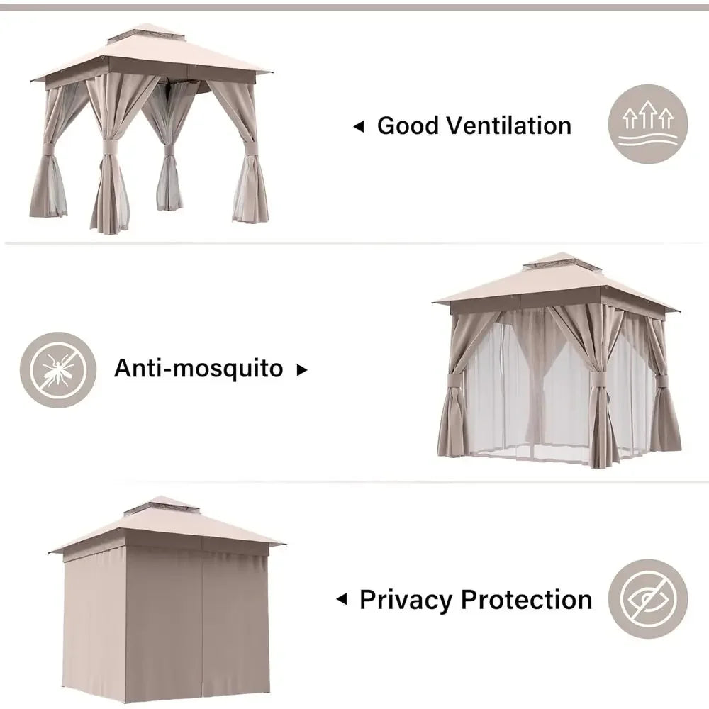 8'x8' Outdoor Heavy-Duty Gazebo with Double Roof, Mosquito Netting, Privacy Screen, Ideal for Backyard, Garden, Lawn - Khaki