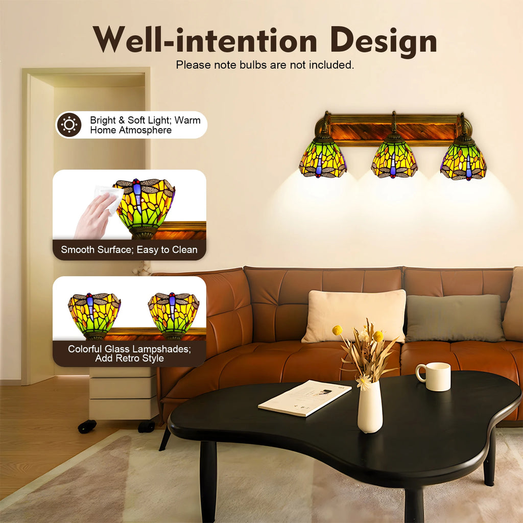3-light Dragonfly Patterns Wall Lamp with 3 Standard E27 Lamp Holders and Colorful Glass Lampshades for Living Rooms, Cafes
