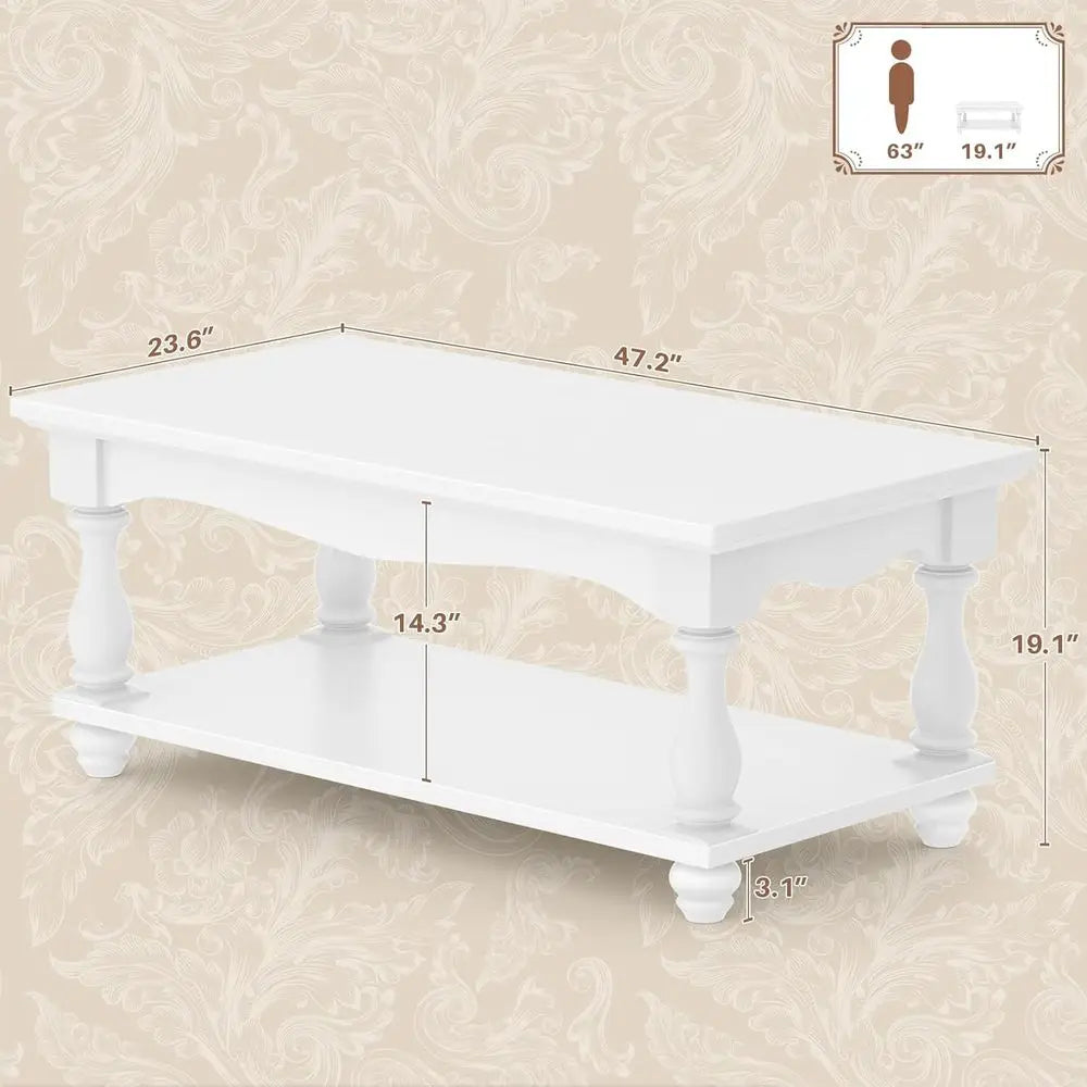 armhouse Coee Table with Storage, Century Coee Tables or Living Room, 47 inch ern 2-Tier White Coee Table with Solid Wood Legs,