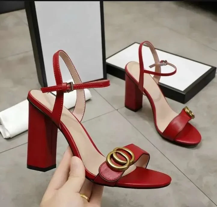 Designer Sandals Luxury Leather Party Fashion Metal Double Button High Heels Summer Sexy Open toed Women Thick Heel Dress shoe