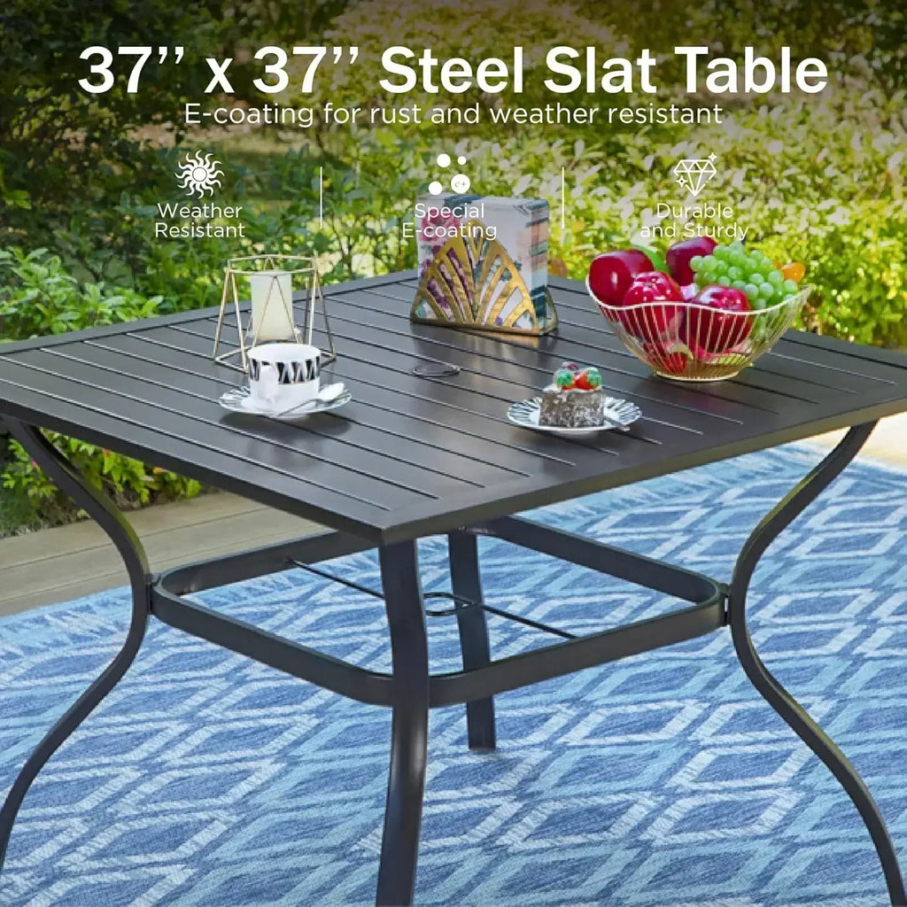 XMSJ*XMSJ.Patio Dining Set 6 Piece with 4 Metal Outdoor Stackable Chairs, 1 Square Metal Table and 10ft 3 Tier Umbrella(Navy Blu