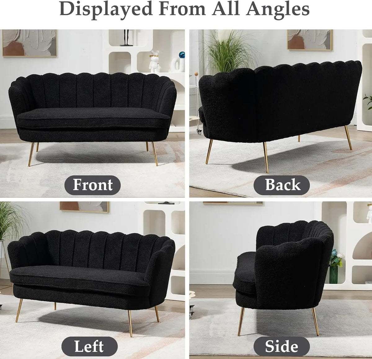 59" Modern Boucle Loveseat 2-Seater Sofa Gold Metal Legs Small Space Office Studio Apartment Black, Customized
