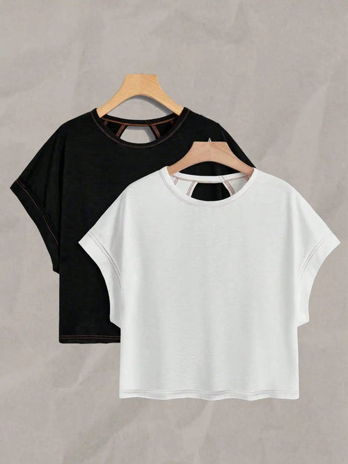 2-Pack Women's Cropped T-Shirt Set with Cut-Out Back & Drop Shoulder Design