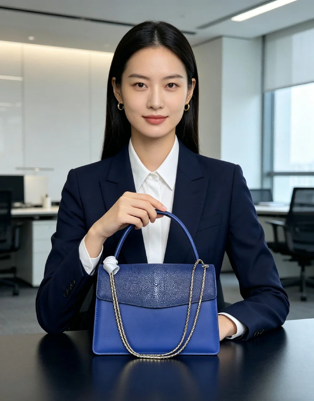 Luxury Blue Colorblock Leather Shoulder Bag for Women Elegant Flap Crossbody Handbag with Gold Chain for Party and Office