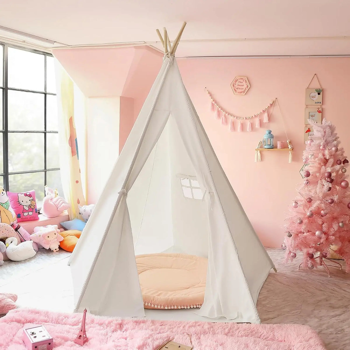 Large 85" Kids Teepee Play Tent, 2.1m Indoor Canvas Tent for Adults, Foldable Outdoor Teepee with Storage Bag